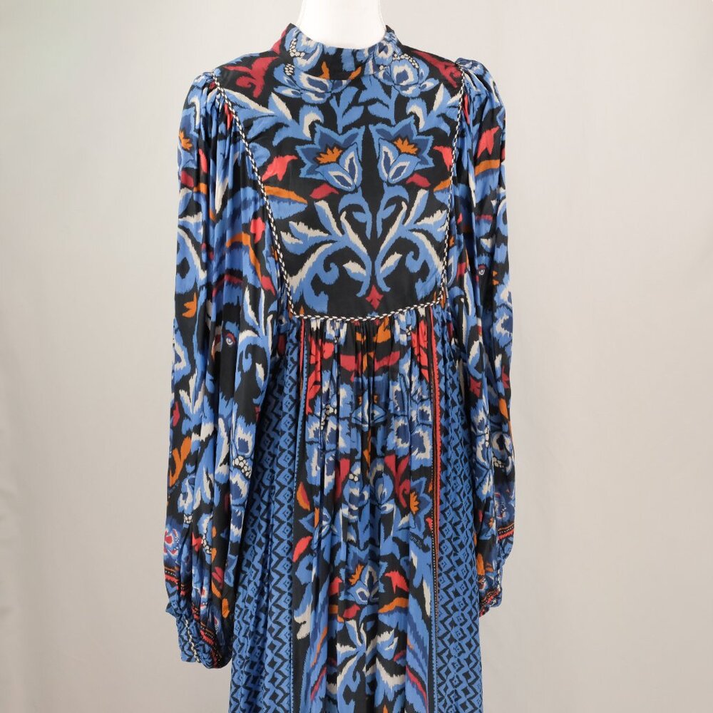 Farm Rio Gathered Printed Crepe de Chine Bishop-Sleeve Maxi Dress, Blue/Red, L - Picture 5 of 14